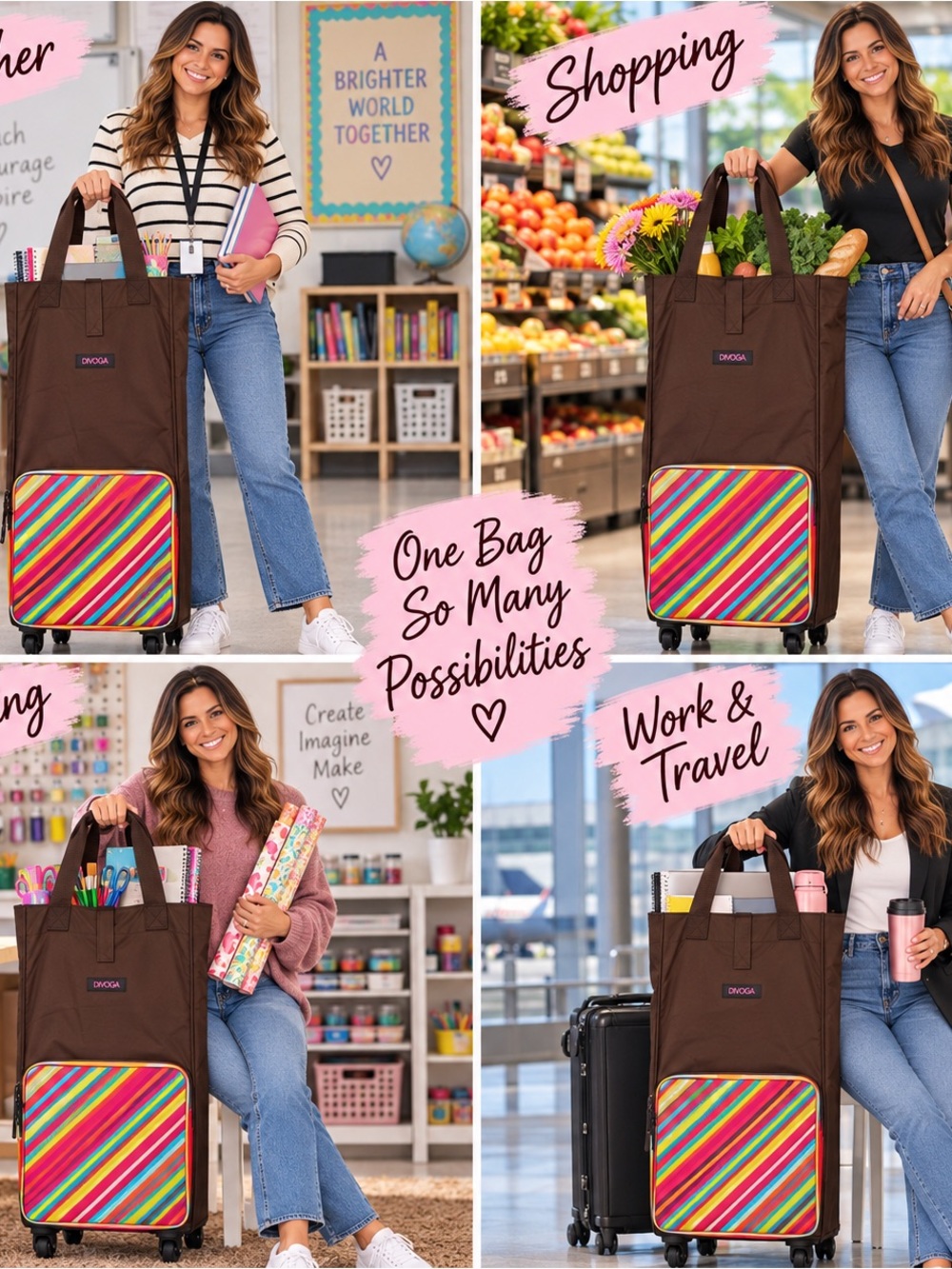 DiVOGA Collapsible Rolling Tote Cart 🌈 Teacher Craft Shopping Organizer